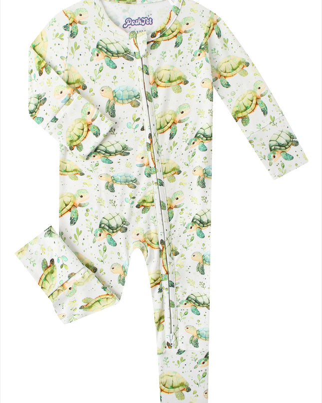 PoshTOT Green Sea Turtle Bamboo Baby Convertible Zippy Romper