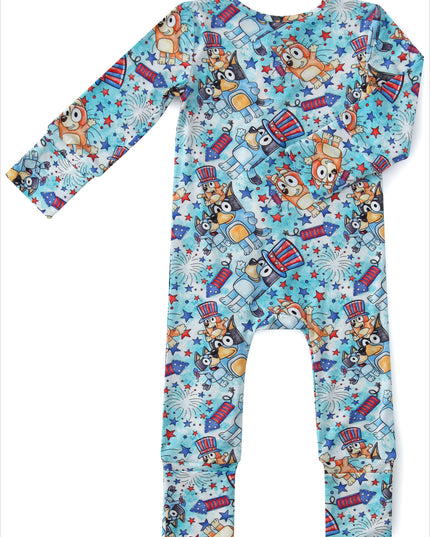 PoshTOT Blue Dog Baby Bamboo Baby Convertible Zippy Romper