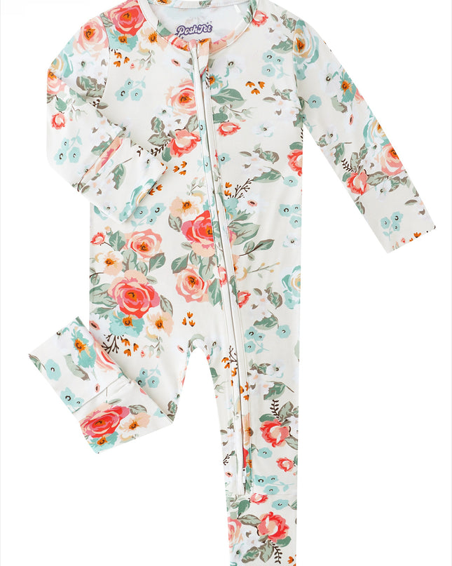 PoshTOT Retro Small Flowers Bamboo Baby Convertible Zippy Romper