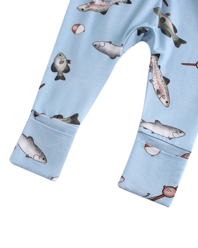 PoshTOT Blue Fish Bamboo Baby Convertible Zippy Romper