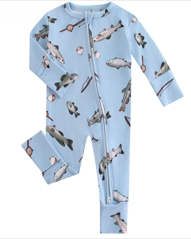 PoshTOT Blue Fish Bamboo Baby Convertible Zippy Romper