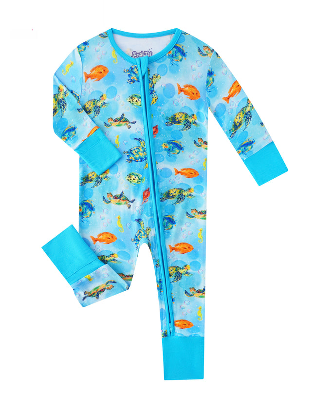 PoshTOT Little Sea turtle Bamboo Baby Convertible Zippy Romper