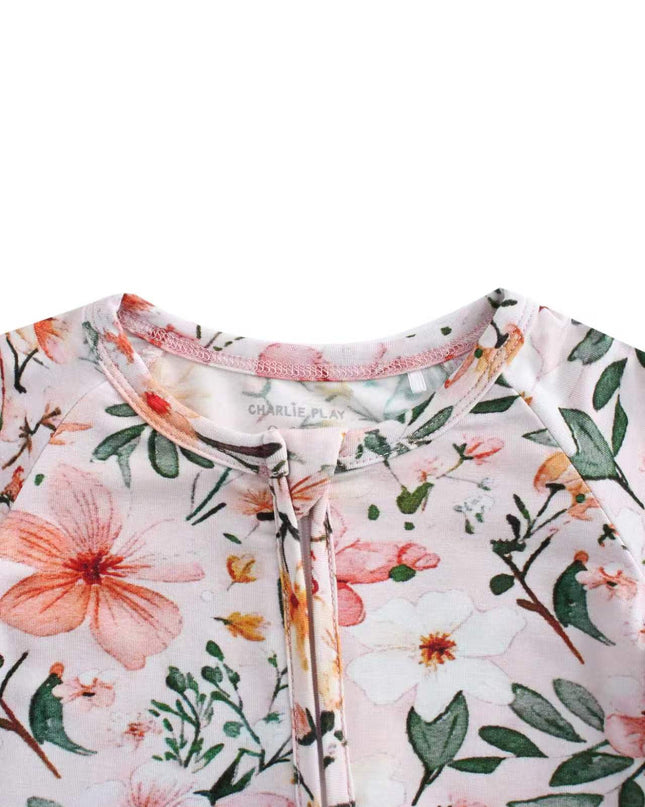 PoshTOT Pink Small Floral Print Bamboo Baby Shorty Zippy Romper