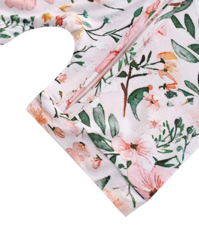 PoshTOT Pink Small Floral Print Bamboo Baby Shorty Zippy Romper