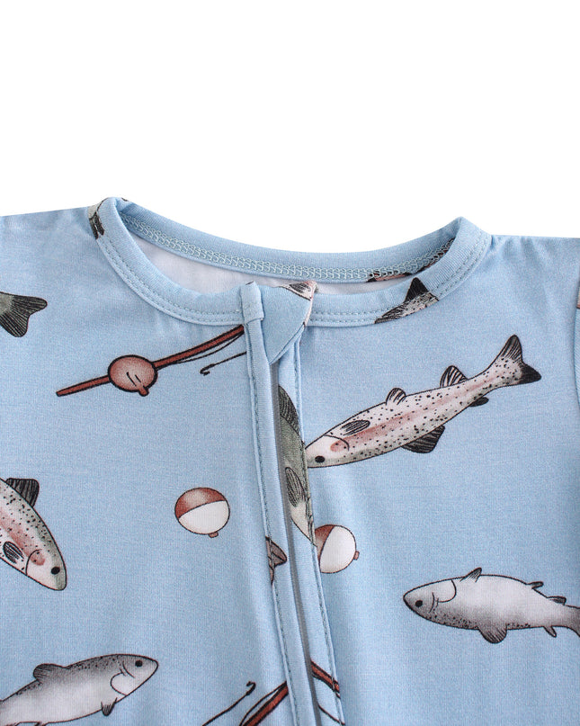 PoshTOT Blue Fish Bamboo Baby Convertible Zippy Romper