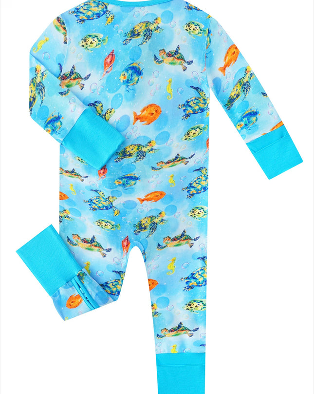 PoshTOT Little Sea turtle Bamboo Baby Convertible Zippy Romper