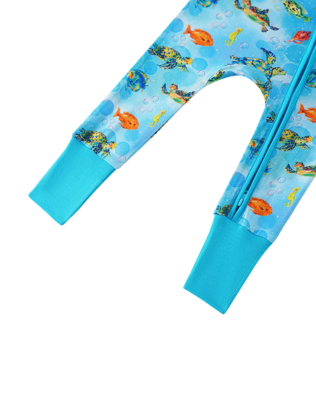 PoshTOT Little Sea turtle Bamboo Baby Convertible Zippy Romper