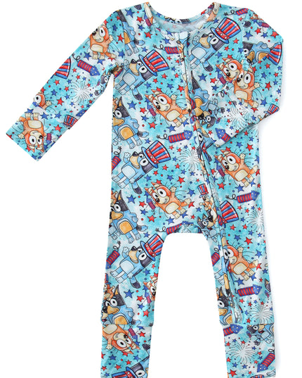 PoshTOT Blue Dog Baby Bamboo Baby Convertible Zippy Romper