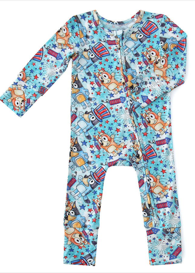 PoshTOT Blue Dog Baby Bamboo Baby Convertible Zippy Romper
