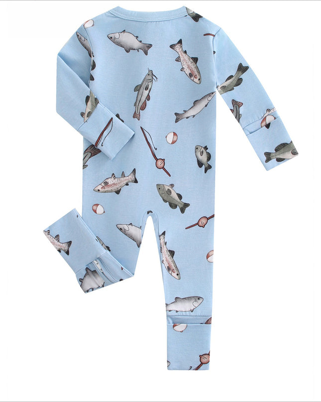 PoshTOT Blue Fish Bamboo Baby Convertible Zippy Romper