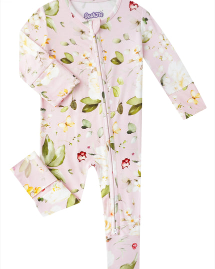 PoshTOT White Rose Bamboo Baby Convertible Zippy Romper