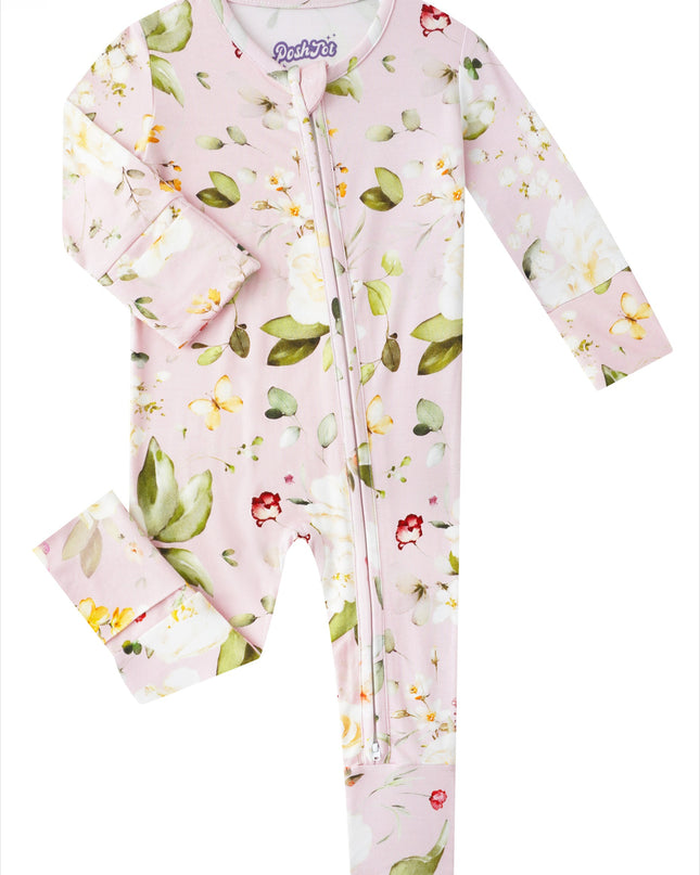 PoshTOT White Rose Bamboo Baby Convertible Zippy Romper