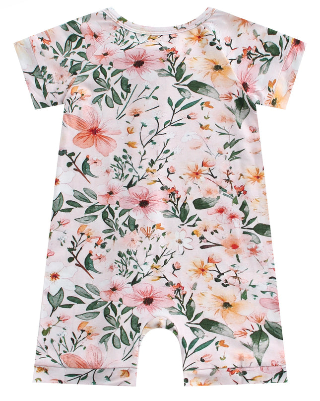 PoshTOT Pink Small Floral Print Bamboo Baby Shorty Zippy Romper