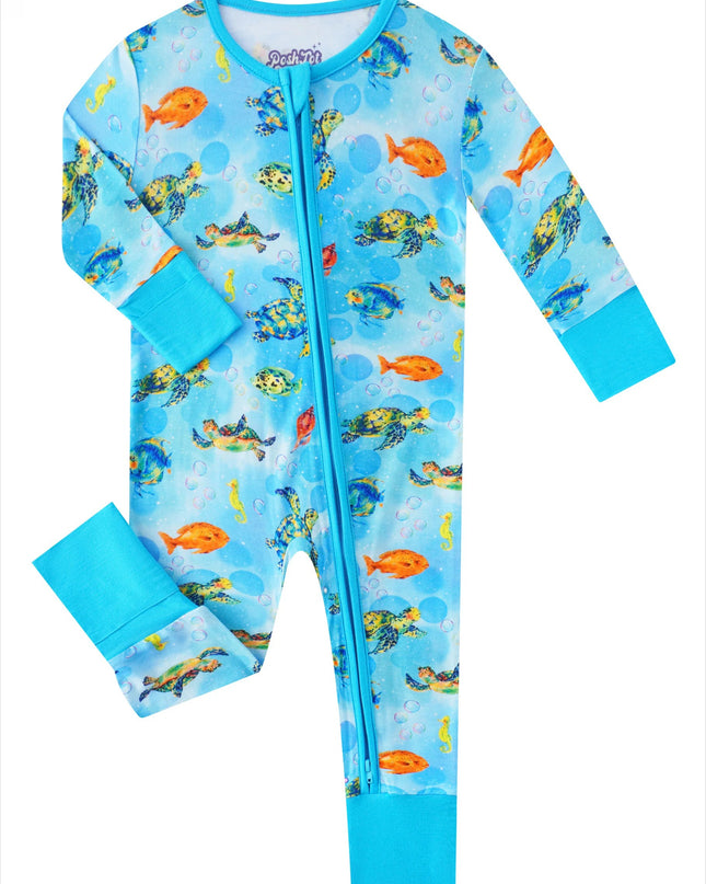 PoshTOT Little Sea turtle Bamboo Baby Convertible Zippy Romper