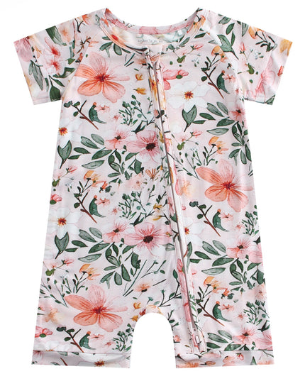 PoshTOT Pink Small Floral Print Bamboo Baby Shorty Zippy Romper