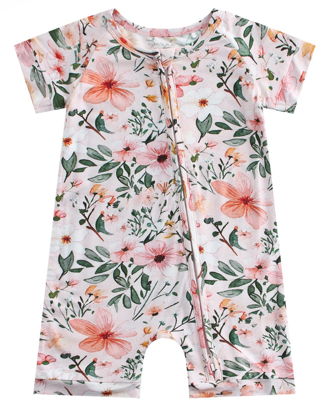 PoshTOT Pink Small Floral Print Bamboo Baby Shorty Zippy Romper