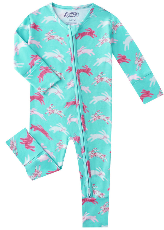 PoshTOT Little Flower Rabbit Bamboo Baby Convertible Zippy Romper