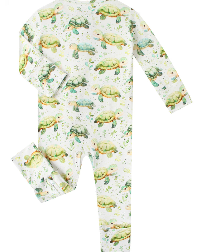 PoshTOT Green Sea Turtle Bamboo Baby Convertible Zippy Romper